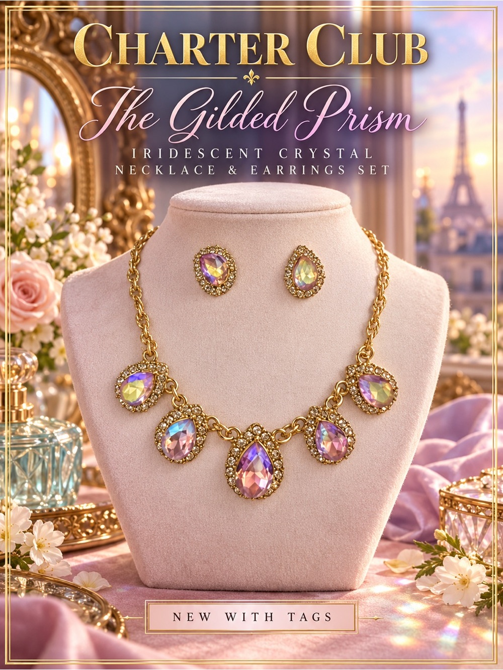 Charter Club Pink & Gold Teardrop Crystal Necklace & Earrings Jewelry‎ Set